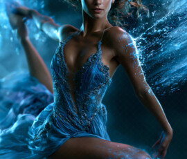 AI-generated abstract art of beautiful women caught mid-motion — dance, leap, spin — flowing fabric and dynamic color streaks frozen in cinematic light.