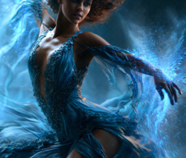 AI-generated abstract art of beautiful women caught mid-motion — dance, leap, spin — flowing fabric and dynamic color streaks frozen in cinematic light.