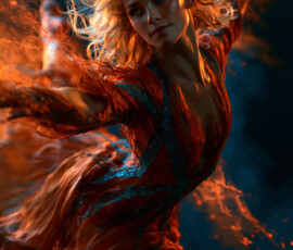 AI-generated abstract art of beautiful women caught mid-motion — dance, leap, spin — flowing fabric and dynamic color streaks frozen in cinematic light.