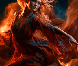 AI-generated abstract art of beautiful women caught mid-motion — dance, leap, spin — flowing fabric and dynamic color streaks frozen in cinematic light.