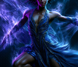 AI-generated abstract art of beautiful women caught mid-motion — dance, leap, spin — flowing fabric and dynamic color streaks frozen in cinematic light.