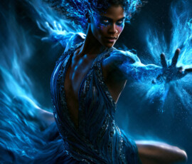 AI-generated abstract art of beautiful women caught mid-motion — dance, leap, spin — flowing fabric and dynamic color streaks frozen in cinematic light.