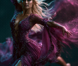 AI-generated abstract art of beautiful women caught mid-motion — dance, leap, spin — flowing fabric and dynamic color streaks frozen in cinematic light.
