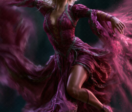 AI-generated abstract art of beautiful women caught mid-motion — dance, leap, spin — flowing fabric and dynamic color streaks frozen in cinematic light.