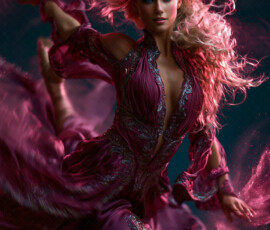 AI-generated abstract art of beautiful women caught mid-motion — dance, leap, spin — flowing fabric and dynamic color streaks frozen in cinematic light.