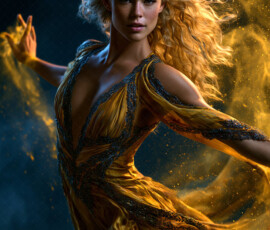 AI-generated abstract art of beautiful women caught mid-motion — dance, leap, spin — flowing fabric and dynamic color streaks frozen in cinematic light.