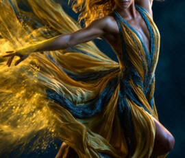 AI-generated abstract art of beautiful women caught mid-motion — dance, leap, spin — flowing fabric and dynamic color streaks frozen in cinematic light.