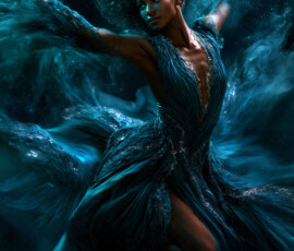 AI-generated abstract art of beautiful women caught mid-motion — dance, leap, spin — flowing fabric and dynamic color streaks frozen in cinematic light.