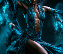 AI-generated abstract art of beautiful women caught mid-motion — dance, leap, spin — flowing fabric and dynamic color streaks frozen in cinematic light.