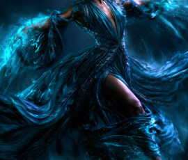 AI-generated abstract art of beautiful women caught mid-motion — dance, leap, spin — flowing fabric and dynamic color streaks frozen in cinematic light.