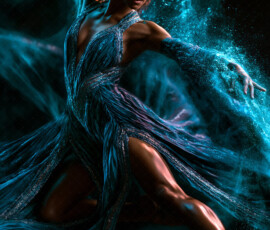 AI-generated abstract art of beautiful women caught mid-motion — dance, leap, spin — flowing fabric and dynamic color streaks frozen in cinematic light.