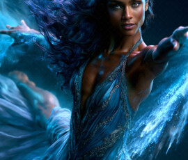 AI-generated abstract art of beautiful women caught mid-motion — dance, leap, spin — flowing fabric and dynamic color streaks frozen in cinematic light.