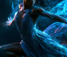 AI-generated abstract art of beautiful women caught mid-motion — dance, leap, spin — flowing fabric and dynamic color streaks frozen in cinematic light.