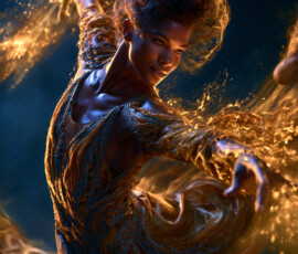 AI-generated abstract art of beautiful women caught mid-motion — dance, leap, spin — flowing fabric and dynamic color streaks frozen in cinematic light.
