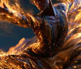 AI-generated abstract art of beautiful women caught mid-motion — dance, leap, spin — flowing fabric and dynamic color streaks frozen in cinematic light.
