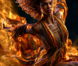 AI-generated abstract art of beautiful women caught mid-motion — dance, leap, spin — flowing fabric and dynamic color streaks frozen in cinematic light.