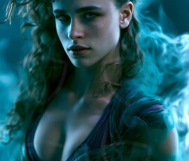 AI-generated abstract art of beautiful women gently enveloped in swirling translucent color mist, iridescent light shimmering on skin. By Jeff Dupler.