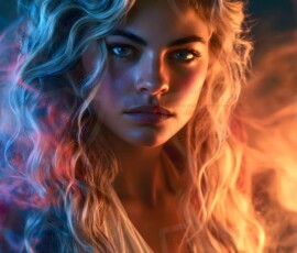 AI-generated abstract art of beautiful women gently enveloped in swirling translucent color mist, iridescent light shimmering on skin. By Jeff Dupler.