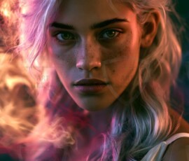 AI-generated abstract art of beautiful women gently enveloped in swirling translucent color mist, iridescent light shimmering on skin. By Jeff Dupler.