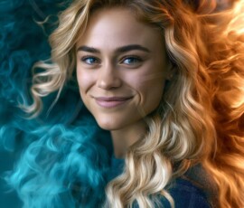 AI-generated abstract art of beautiful women gently enveloped in swirling translucent color mist, iridescent light shimmering on skin. By Jeff Dupler.