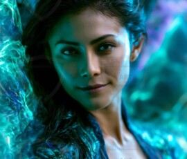 AI-generated abstract art of beautiful women gently enveloped in swirling translucent color mist, iridescent light shimmering on skin. By Jeff Dupler.