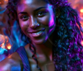 AI-generated abstract art of beautiful women gently enveloped in swirling translucent color mist, iridescent light shimmering on skin. By Jeff Dupler.