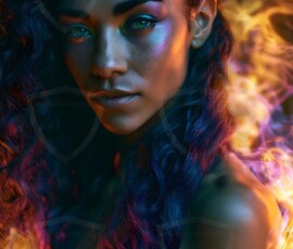 AI-generated abstract art of beautiful women gently enveloped in swirling translucent color mist, iridescent light shimmering on skin. By Jeff Dupler.
