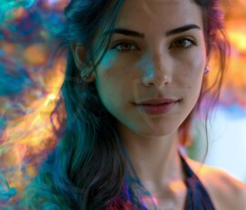 AI-generated abstract art of beautiful women gently enveloped in swirling translucent color mist, iridescent light shimmering on skin. By Jeff Dupler.