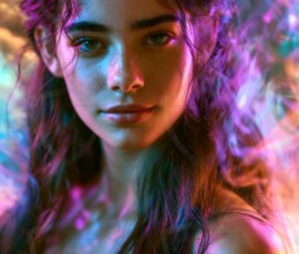 AI-generated abstract art of beautiful women gently enveloped in swirling translucent color mist, iridescent light shimmering on skin. By Jeff Dupler.