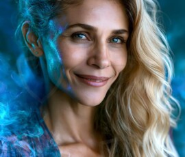 AI-generated abstract art of beautiful women gently enveloped in swirling translucent color mist, iridescent light shimmering on skin. By Jeff Dupler.