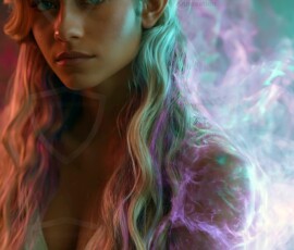 AI-generated abstract art of beautiful women gently enveloped in swirling translucent color mist, iridescent light shimmering on skin. By Jeff Dupler.