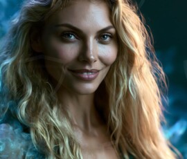 AI-generated abstract art of beautiful women gently enveloped in swirling translucent color mist, iridescent light shimmering on skin. By Jeff Dupler.