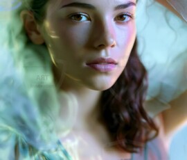 AI-generated abstract art of beautiful women gently enveloped in swirling translucent color mist, iridescent light shimmering on skin. By Jeff Dupler.