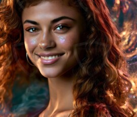 AI-generated abstract art of beautiful women gently enveloped in swirling translucent color mist, iridescent light shimmering on skin. By Jeff Dupler.