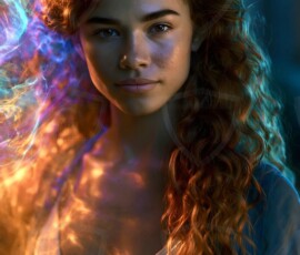 AI-generated abstract art of beautiful women gently enveloped in swirling translucent color mist, iridescent light shimmering on skin. By Jeff Dupler.