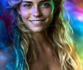 AI-generated abstract art of beautiful women gently enveloped in swirling translucent color mist, iridescent light shimmering on skin. By Jeff Dupler.