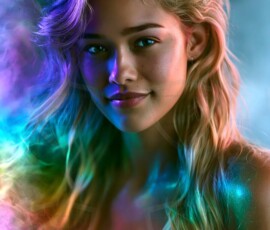AI-generated abstract art of beautiful women gently enveloped in swirling translucent color mist, iridescent light shimmering on skin. By Jeff Dupler.