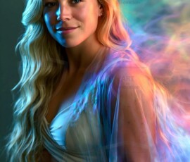 AI-generated abstract art of beautiful women gently enveloped in swirling translucent color mist, iridescent light shimmering on skin. By Jeff Dupler.