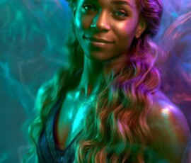 AI-generated abstract art of beautiful women gently enveloped in swirling translucent color mist, iridescent light shimmering on skin. By Jeff Dupler.