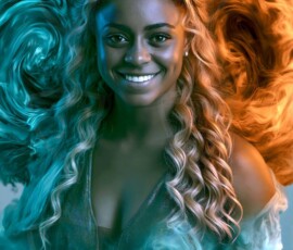 AI-generated abstract art of beautiful women gently enveloped in swirling translucent color mist, iridescent light shimmering on skin. By Jeff Dupler.