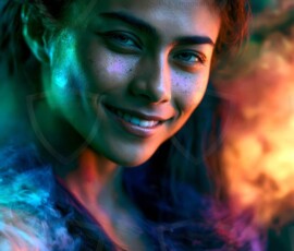 AI-generated abstract art of beautiful women gently enveloped in swirling translucent color mist, iridescent light shimmering on skin. By Jeff Dupler.