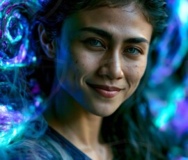 AI-generated abstract art of beautiful women gently enveloped in swirling translucent color mist, iridescent light shimmering on skin. By Jeff Dupler.