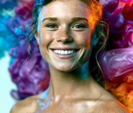 AI-generated abstract art of beautiful women gently enveloped in swirling translucent color mist, iridescent light shimmering on skin. By Jeff Dupler.