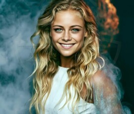 AI-generated abstract art of beautiful women gently enveloped in swirling translucent color mist, iridescent light shimmering on skin. By Jeff Dupler.