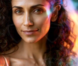 AI-generated abstract art of beautiful women gently enveloped in swirling translucent color mist, iridescent light shimmering on skin. By Jeff Dupler.