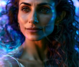 AI-generated abstract art of beautiful women gently enveloped in swirling translucent color mist, iridescent light shimmering on skin. By Jeff Dupler.