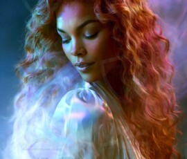 AI-generated abstract art of beautiful women gently enveloped in swirling translucent color mist, iridescent light shimmering on skin. By Jeff Dupler.