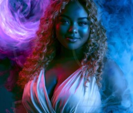 AI-generated abstract art of beautiful women gently enveloped in swirling translucent color mist, iridescent light shimmering on skin. By Jeff Dupler.