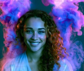 AI-generated abstract art of beautiful women gently enveloped in swirling translucent color mist, iridescent light shimmering on skin. By Jeff Dupler.