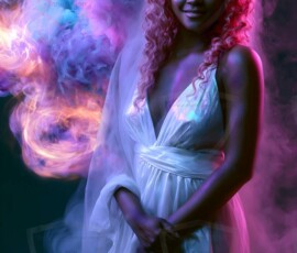 AI-generated abstract art of beautiful women gently enveloped in swirling translucent color mist, iridescent light shimmering on skin. By Jeff Dupler.